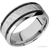 9 mm wide/High Bevel/Cobalt Chrome band featuring inlays of Dinosaur Bone Black and Meteorite.