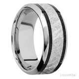 9 mm wide/High Bevel/Cobalt Chrome band featuring inlays of Dinosaur Bone Black and Meteorite.