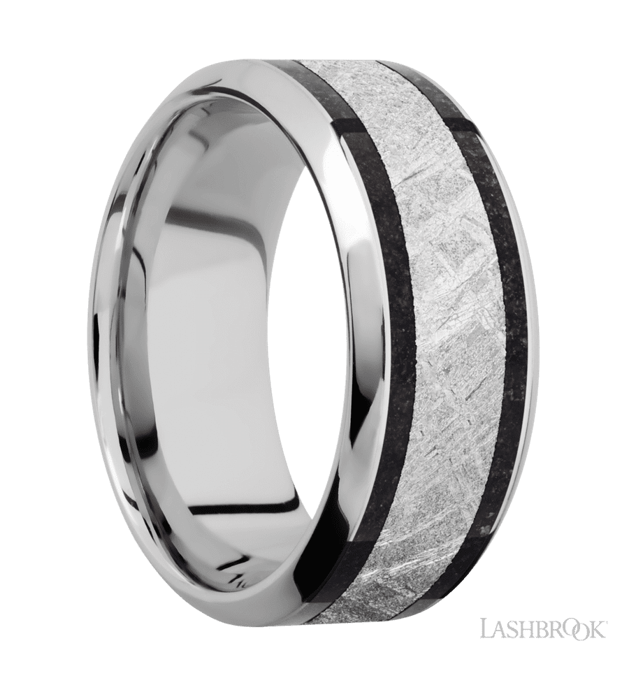 9 mm wide/High Bevel/Cobalt Chrome band featuring inlays of Dinosaur Bone Black and Meteorite.