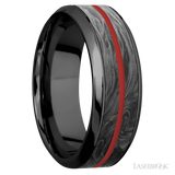 8 mm wide/High Bevel/Zirconium band featuring inlays of Forged Carbon Fiber and USMC Red.