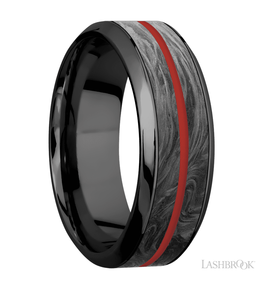 8 mm wide/High Bevel/Zirconium band featuring inlays of Forged Carbon Fiber and USMC Red.