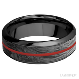8 mm wide/High Bevel/Zirconium band featuring inlays of Forged Carbon Fiber and USMC Red.