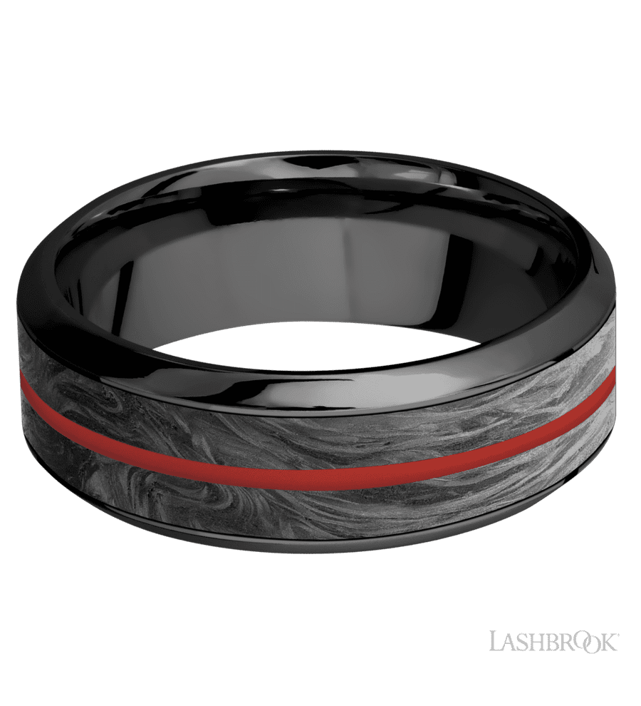 8 mm wide/High Bevel/Zirconium band featuring inlays of Forged Carbon Fiber and USMC Red.