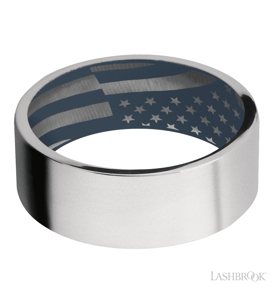 8 mm wide Flat Cobalt Chrome band featuring a Navy Blue sleeve.