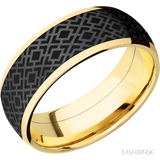8 mm wide/Domed/14K Yellow Gold band with one 6 mm Centered inlay of Zirconium with a laser carved Trellis 2 pattern.