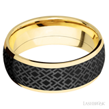 8 mm wide/Domed/14K Yellow Gold band with one 6 mm Centered inlay of Zirconium with a laser carved Trellis 2 pattern.