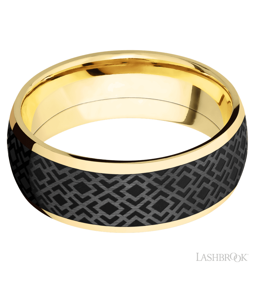 8 mm wide/Domed/14K Yellow Gold band with one 6 mm Centered inlay of Zirconium with a laser carved Trellis 2 pattern.