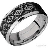8 mm wide/Beveled/Cobalt Chrome band with one 6 mm Centered inlay of Tantalum with a laser carved Aztec 2 pattern.