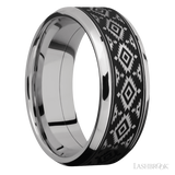 8 mm wide/Beveled/Cobalt Chrome band with one 6 mm Centered inlay of Tantalum with a laser carved Aztec 2 pattern.