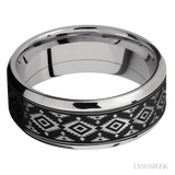 8 mm wide/Beveled/Cobalt Chrome band with one 6 mm Centered inlay of Tantalum with a laser carved Aztec 2 pattern.