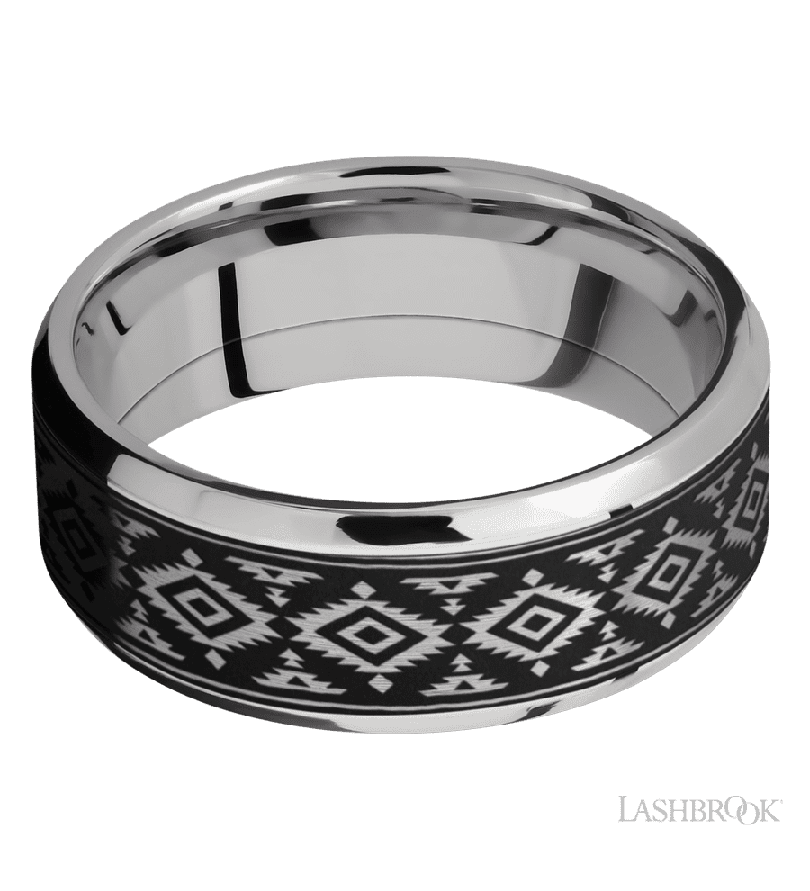 8 mm wide/Beveled/Cobalt Chrome band with one 6 mm Centered inlay of Tantalum with a laser carved Aztec 2 pattern.