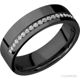 7 mm wide/Flat/Zirconium band with a Off Center Half Eternity arrangement of .015 carat Round Diamond stones in a Bead setting.