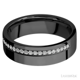 7 mm wide/Flat/Zirconium band with a Off Center Half Eternity arrangement of .015 carat Round Diamond stones in a Bead setting.