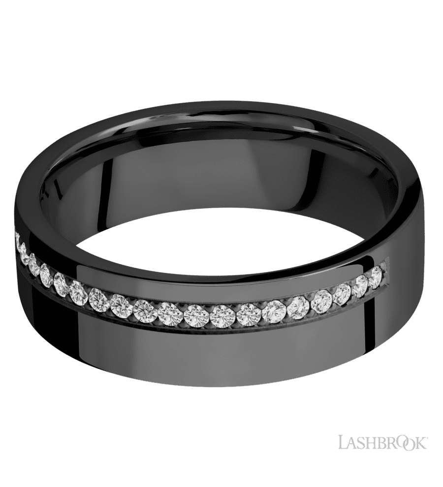 7 mm wide/Flat/Zirconium band with a Off Center Half Eternity arrangement of .015 carat Round Diamond stones in a Bead setting.
