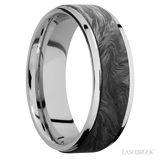 7 mm wide/Flat Grooved Edges/Cobalt Chrome band with one 5 mm Raised Centered inlay of Forged Carbon Fiber.