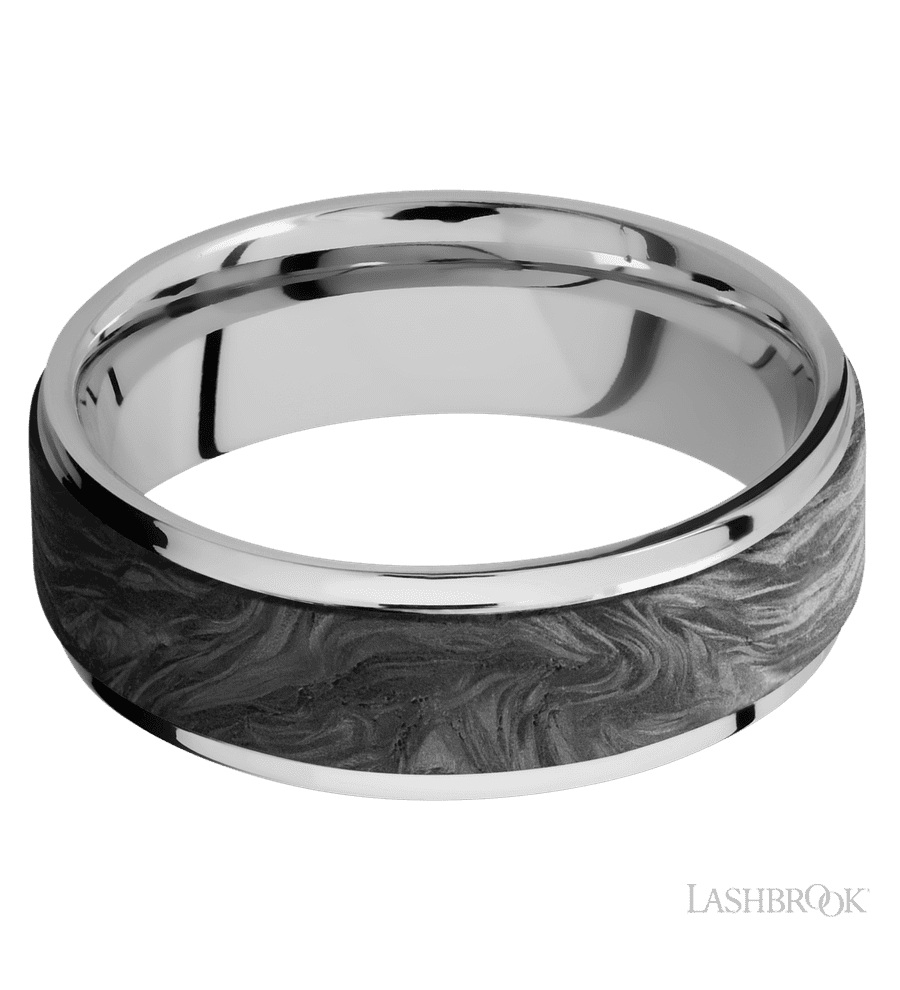 7 mm wide/Flat Grooved Edges/Cobalt Chrome band with one 5 mm Raised Centered inlay of Forged Carbon Fiber.