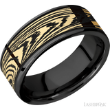 8 mm wide/Flat/Zirconium band with one 6 mm Centered inlay of 14K Yellow Gold with a laser carved Woodgrain pattern.