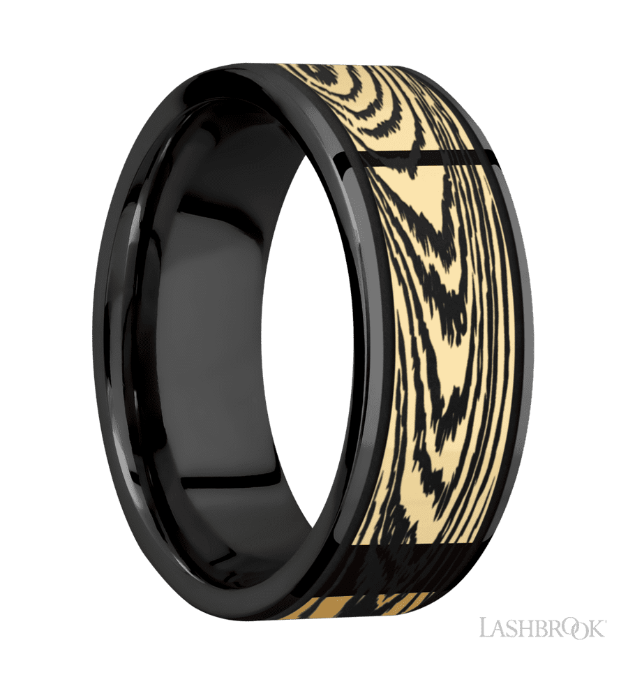 8 mm wide/Flat/Zirconium band with one 6 mm Centered inlay of 14K Yellow Gold with a laser carved Woodgrain pattern.