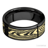 8 mm wide/Flat/Zirconium band with one 6 mm Centered inlay of 14K Yellow Gold with a laser carved Woodgrain pattern.