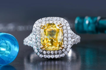 Cushion Cut Citrine Ring with Round Cut Diamond Halo