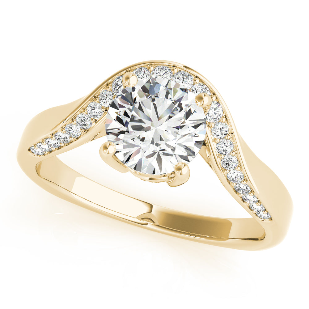 Top view of a round diamond ring in a cathedral prong setting with a euro pave shank in yellow gold