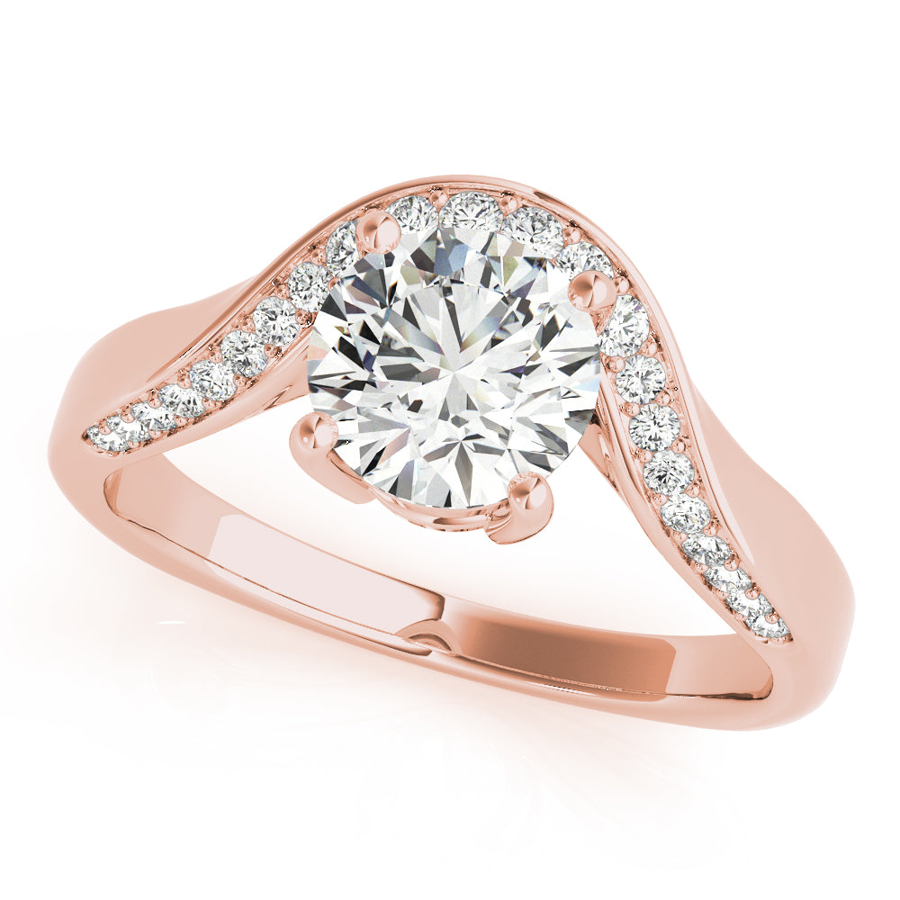 Top view of a round diamond ring in a cathedral prong setting with a euro pave shank in rose gold