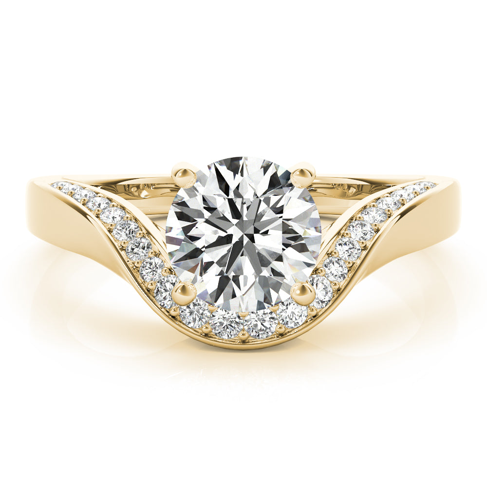 Front view of a round diamond ring in a cathedral prong setting with a euro pave shank in yellow gold