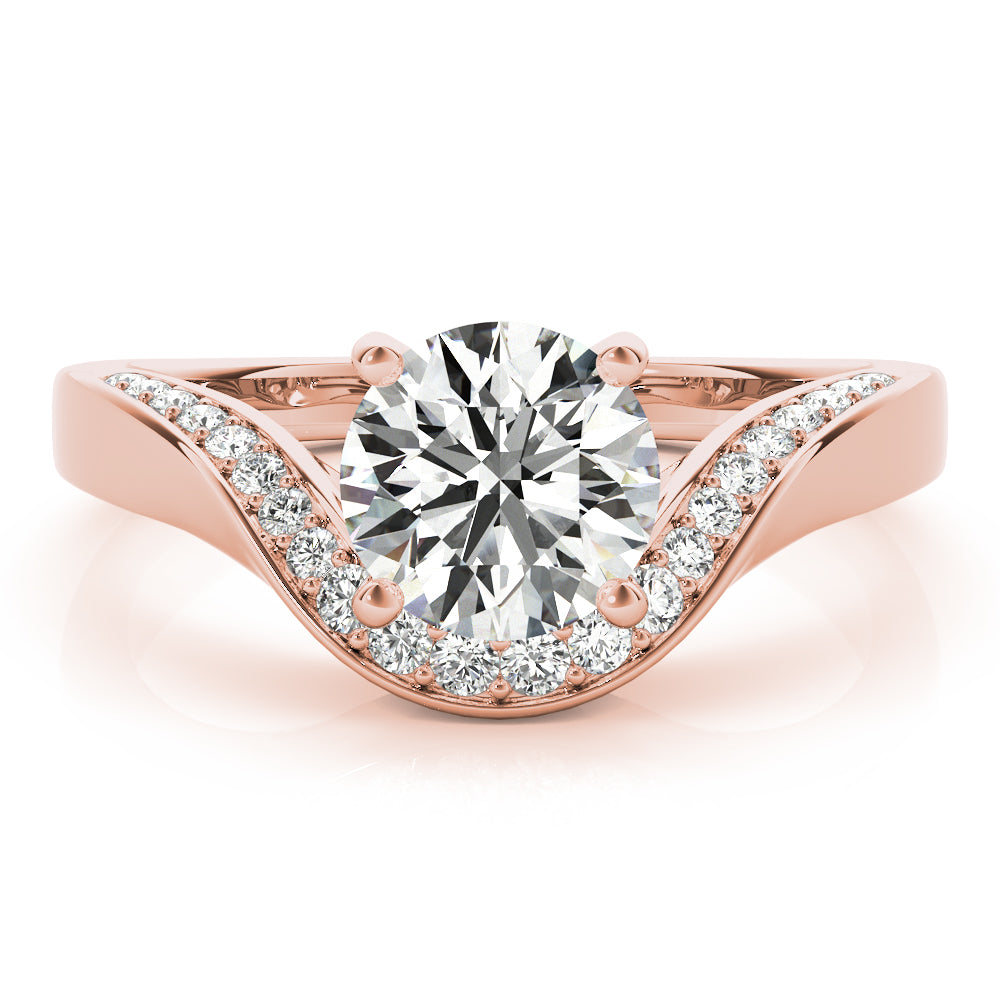 Front view of a round diamond ring in a cathedral prong setting with a euro pave shank in rose gold
