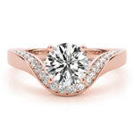 Front view of a round diamond ring in a cathedral prong setting with a euro pave shank in rose gold
