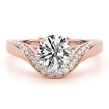 Front view of a round diamond ring in a cathedral prong setting with a euro pave shank in rose gold