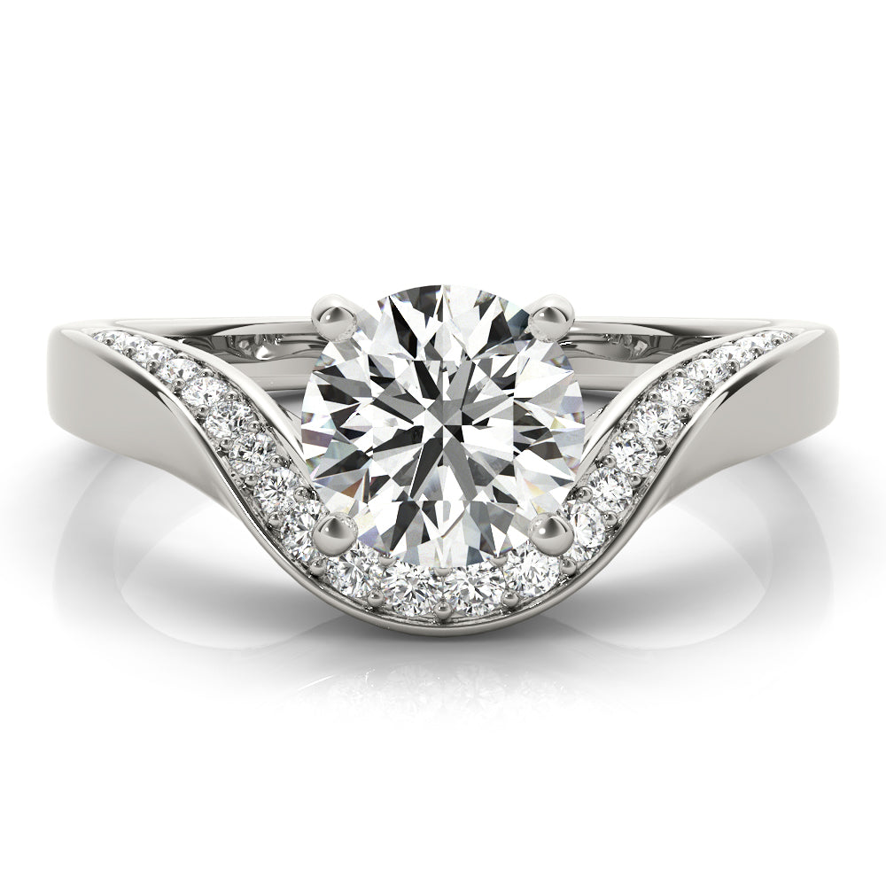 Front view of a round diamond ring in a cathedral prong setting with a euro pave shank in white gold