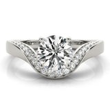 Front view of a round diamond ring in a cathedral prong setting with a euro pave shank in white gold