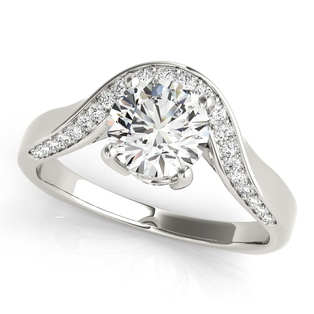 Top view of a round diamond ring in a cathedral prong setting with a euro pave shank in white gold