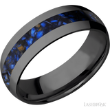 7 mm wide/Domed/Zirconium band with one 3 mm Centered inlay of Blue Tiger Eye.
