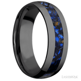 7 mm wide/Domed/Zirconium band with one 3 mm Centered inlay of Blue Tiger Eye.