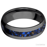 7 mm wide/Domed/Zirconium band with one 3 mm Centered inlay of Blue Tiger Eye.