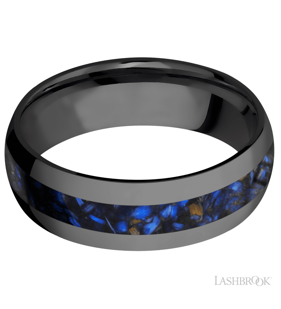 7 mm wide/Domed/Zirconium band with one 3 mm Centered inlay of Blue Tiger Eye.