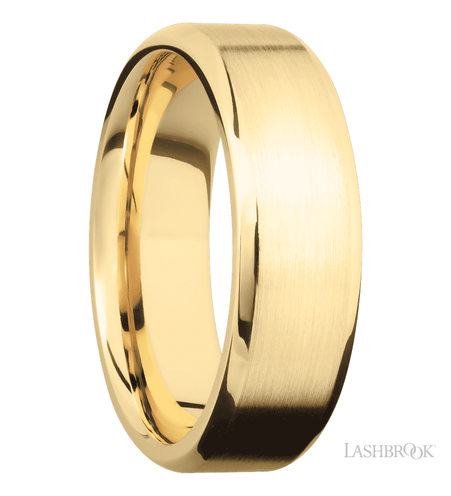 7 mm wide Beveled 10K Yellow Gold band.