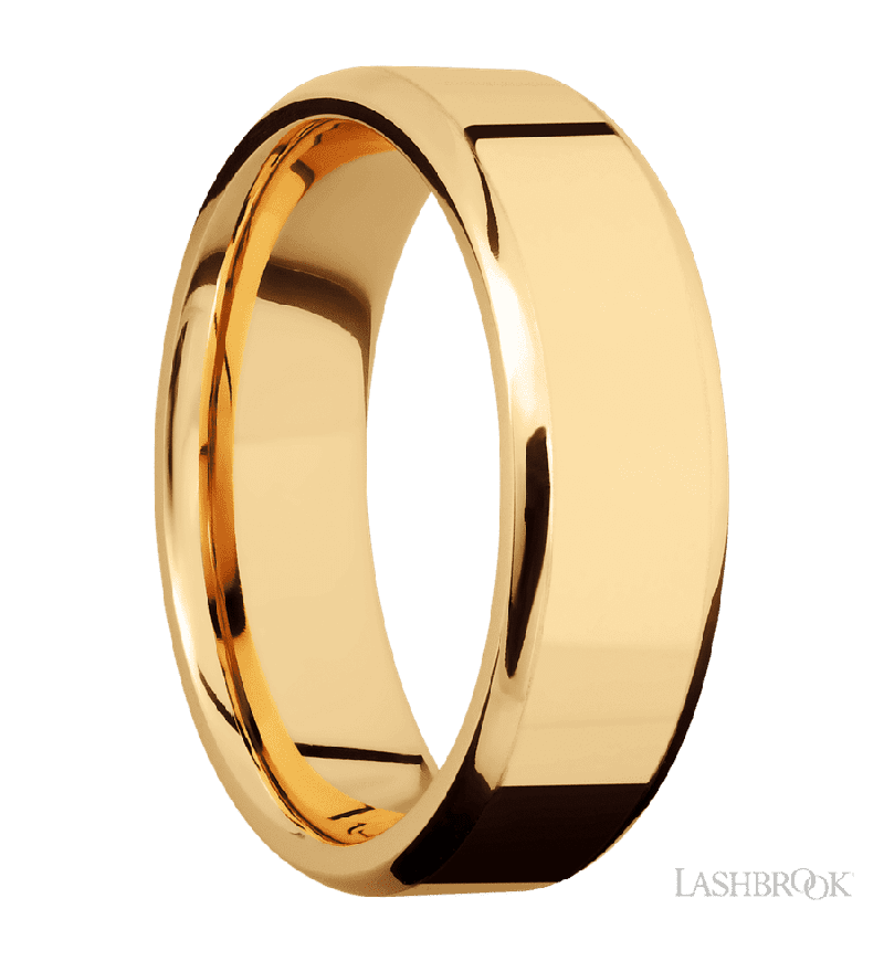 7 mm wide Beveled 14K Yellow Gold band.