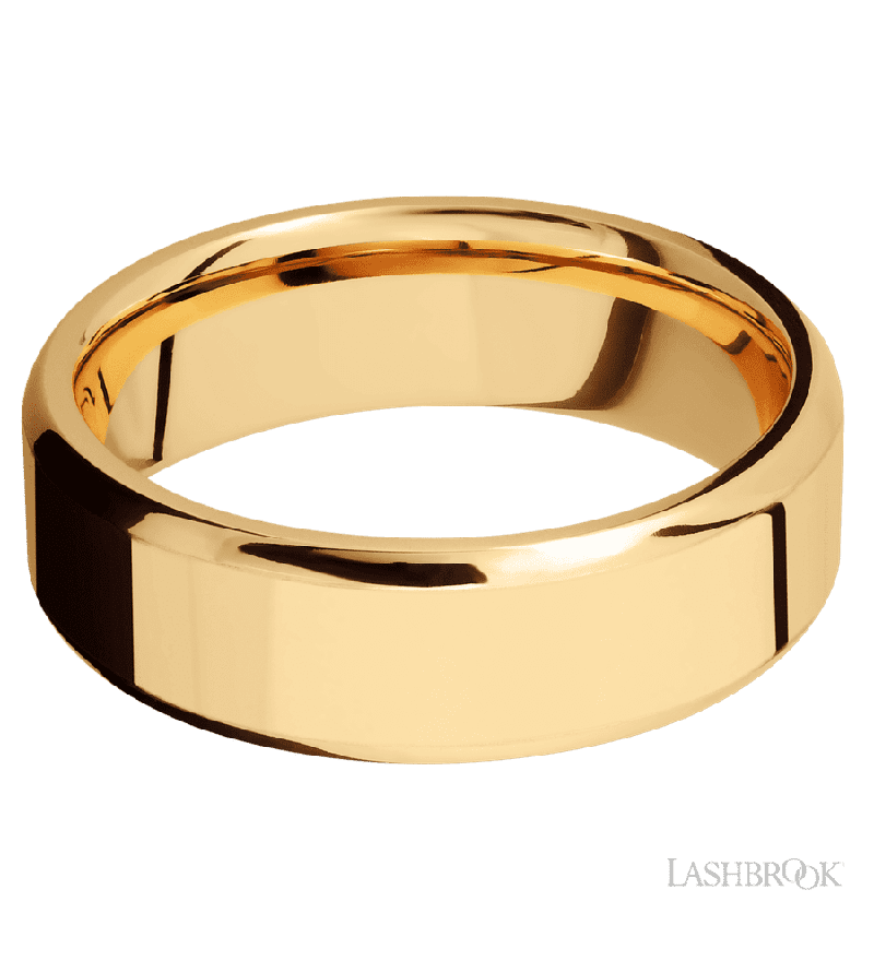 7 mm wide Beveled 14K Yellow Gold band.