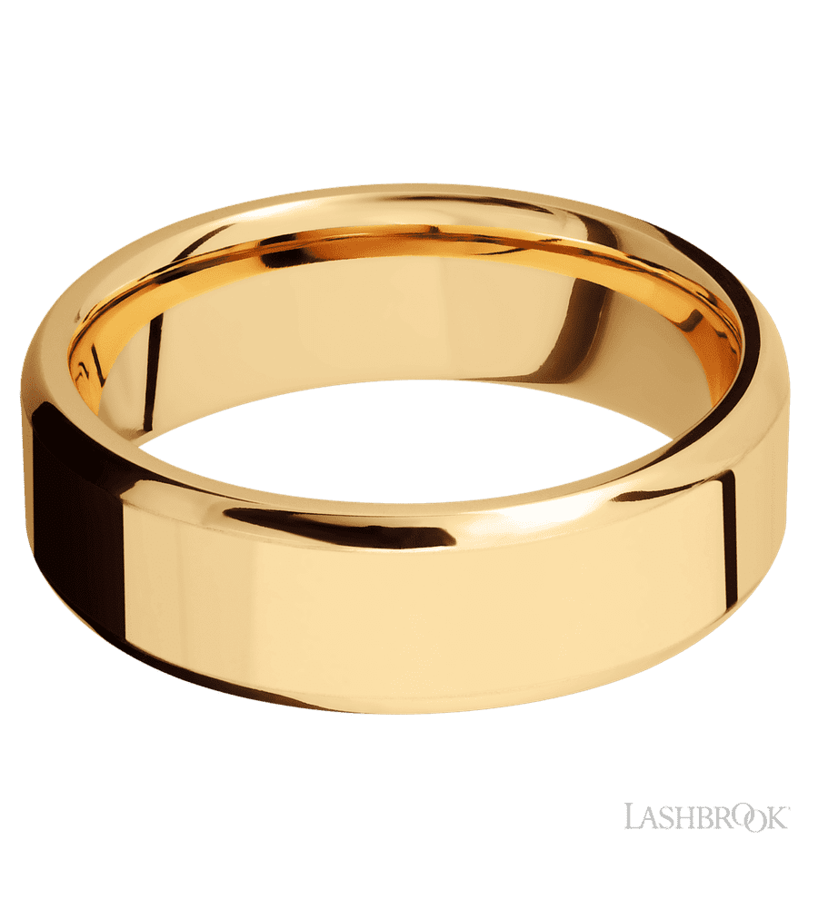 7 mm wide Beveled 14K Yellow Gold band.