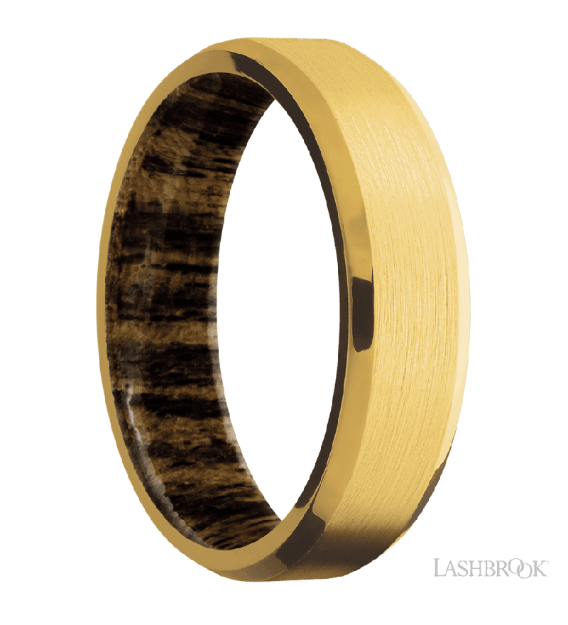 6 mm wide Beveled 18K Yellow Gold band featuring a Bocote sleeve.