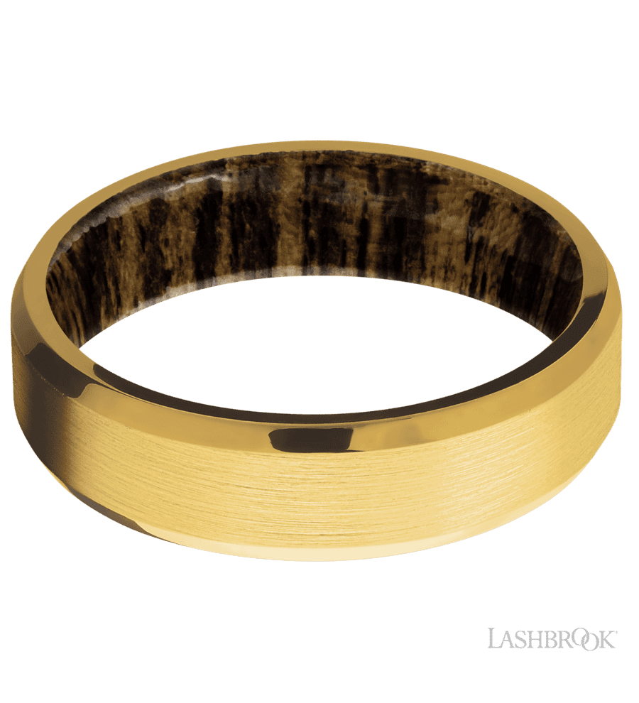 6 mm wide Beveled 18K Yellow Gold band featuring a Bocote sleeve.