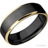 7 mm wide/Beveled/Zirconium band with two 1 mm Edge inlays of 14K Yellow Gold.