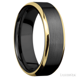 7 mm wide/Beveled/Zirconium band with two 1 mm Edge inlays of 14K Yellow Gold.