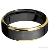 7 mm wide/Beveled/Zirconium band with two 1 mm Edge inlays of 14K Yellow Gold.
