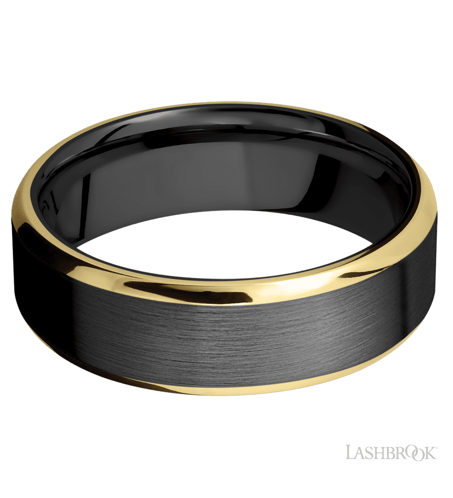 7 mm wide/Beveled/Zirconium band with two 1 mm Edge inlays of 14K Yellow Gold.