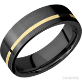 7 mm wide/Flat/Zirconium band with one 1 mm Off Center inlay of 14K Yellow Gold.