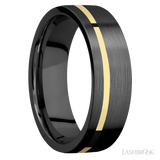 7 mm wide/Flat/Zirconium band with one 1 mm Off Center inlay of 14K Yellow Gold.