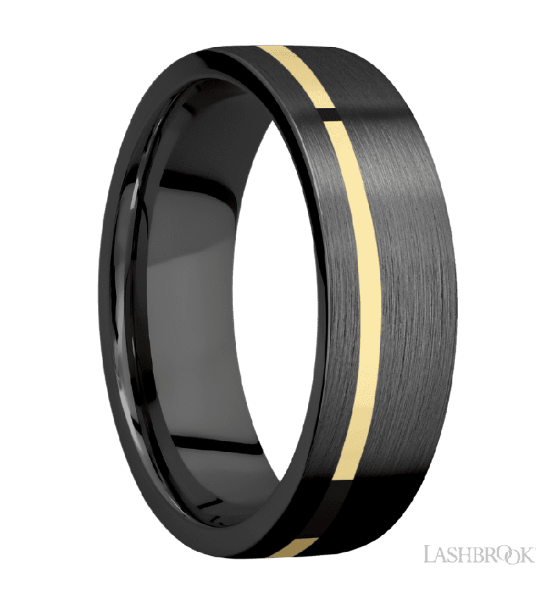 7 mm wide/Flat/Zirconium band with one 1 mm Off Center inlay of 14K Yellow Gold.